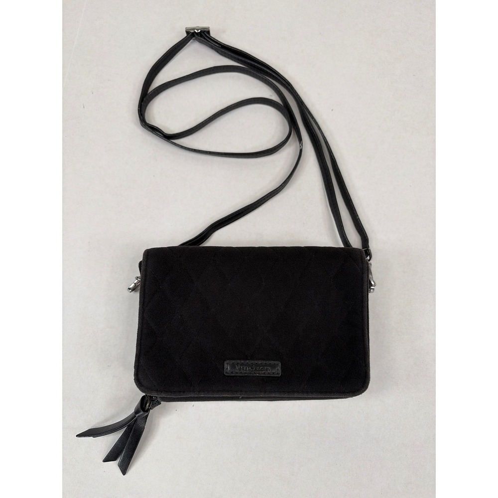 Vera Bradley Black Quilted Velvet RFID Crossbody Wallet Bag Floral Interior